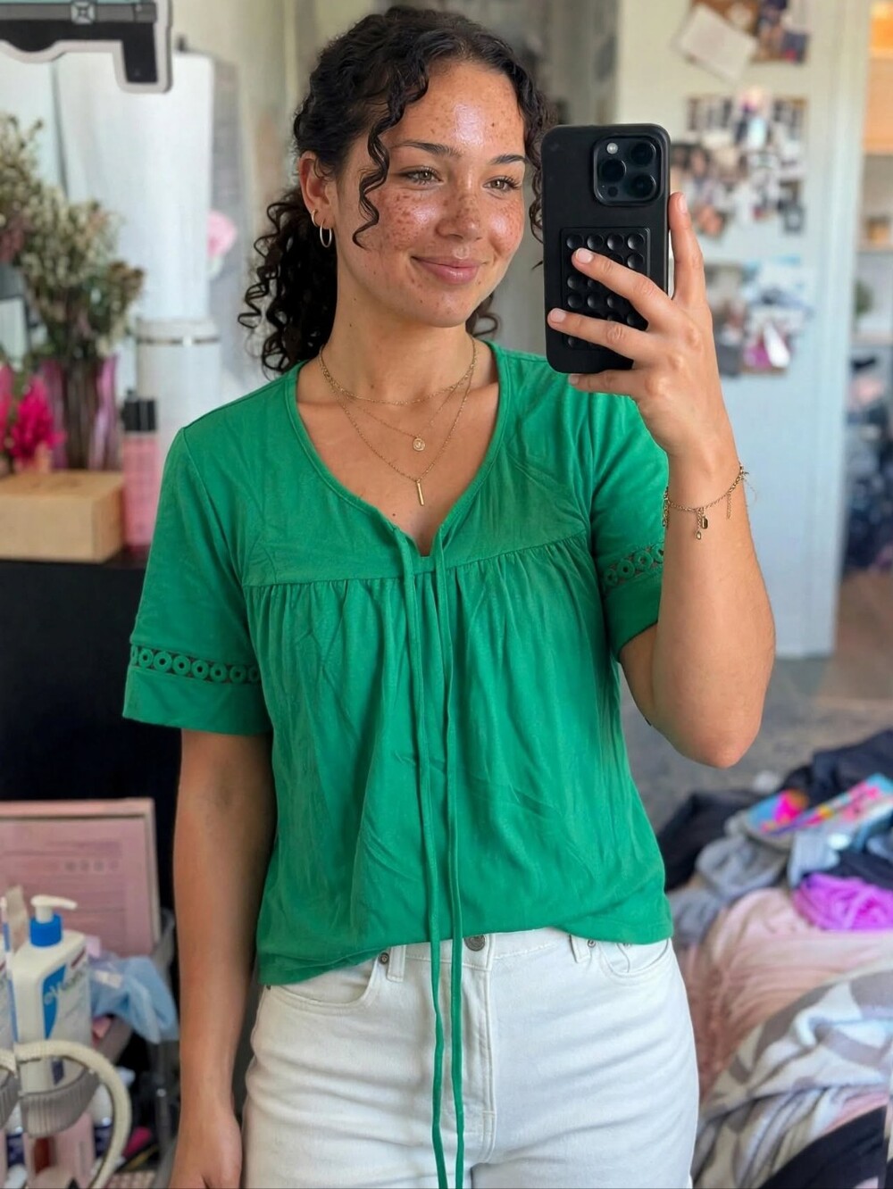 Women's Emerald Tie-Front Short Sleeve Blouse